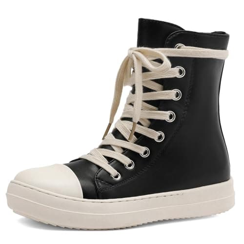 Image of MOFEEDOUKA Womens High Top Sneakers Lace Up Comfort Platform Walking Canvas Shoes with Zipper, Black Pu, 4 UK