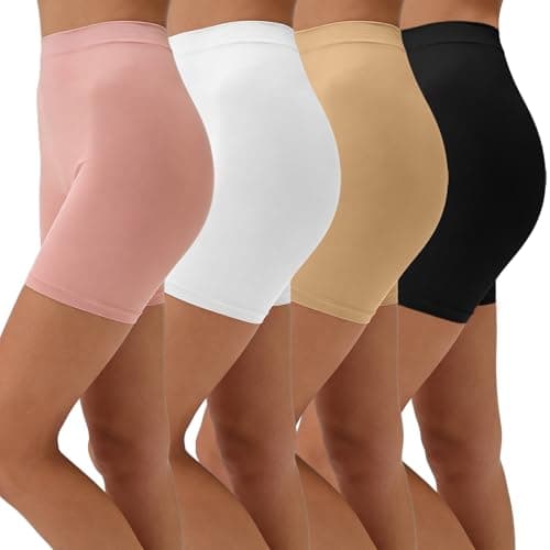 Image of SCCGKP 4 Pack Anti Chafing Shorts Women Seamless Slip Shorts Comfortable Shapewear Short Underwear Legging Knickers for Dresses Skirts Cycling (Black+White+Pink+Apricot, M)