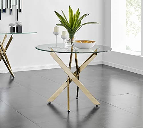 Image of Furniturebox UK Novara Round Glass Dining Table – Modern 4 Seater Dining with Gold Chrome Legs – Elegant Contemporary Dining Room or Kitchen Table (Dining Table Only)