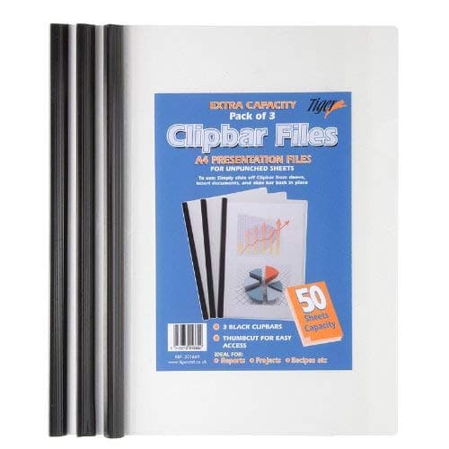 Image of Tiger A4 Clip Bar File Xtra (50 Sheet Capacity) Document Presentation Folder in Black Pack of 3
