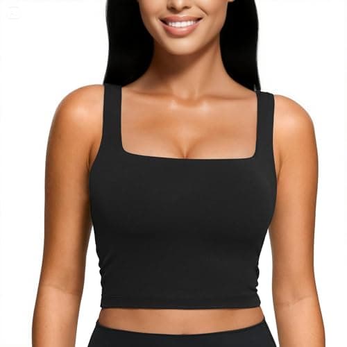 Image of Fisoew Yoga Butterluxe Womens Square Neck Longline Sports Bra - Workout Crop Tank Tops Padded Yoga Camisole with Built in Pads,Black,XL