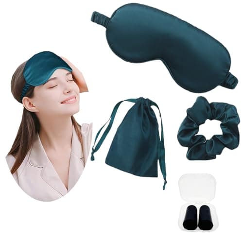 Image of JK Home Silk Eye Mask Travel Set with Pouch Earplug and Hair Scrunchies, Satin Sleep Mask Soft Eye Cover Eyemask for Women Men Blackout with Elastic Strap for Night Travel Nap Green