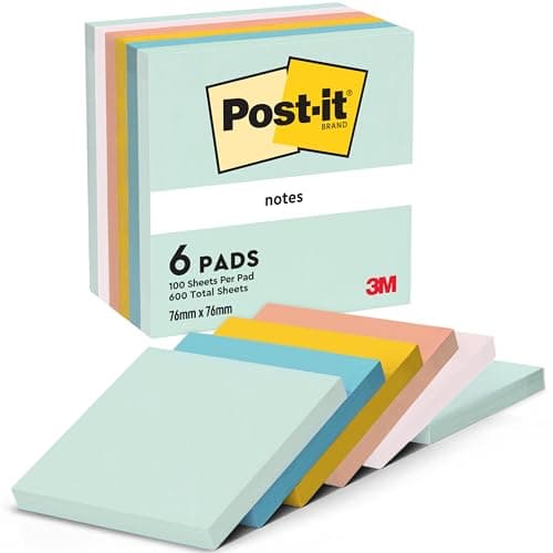 Image of Post-it Notes Beach Color Collection, Pack of 6 Pads, 100 Sheets per Pad,76 mm x 76 mm, Green, Yellow, Orange, Blue, Pink - Self-Stick Notes for Note Taking, to Do Lists & Reminders