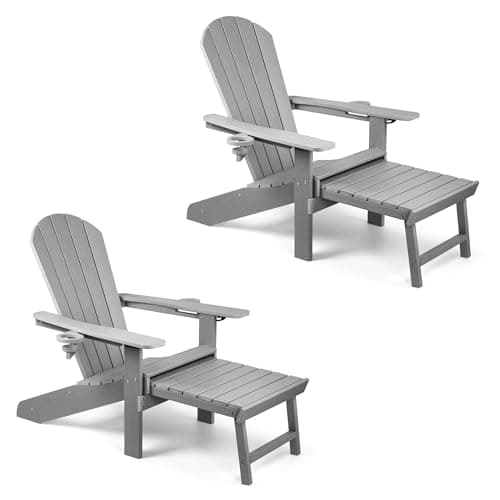 Image of VonHaus Grey Adirondack Chair Set of 2 - Reclining Slatted Style Garden Chair with Pull-out Footrest - Durable Weather Resistant HDPE Plastic Outdoor Armchair for Patio & Decking - Westport