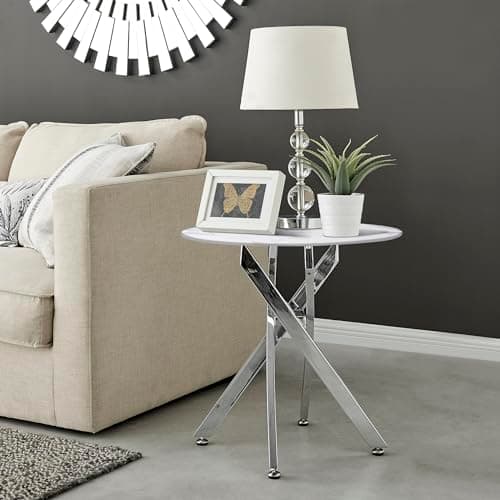 Image of Furniturebox UK Novara Glass White Marble Effect Round Side Table Bedside Table - Shiny Silver Metal Legs Stylish Nested Starburst Design - Modern Living Room Bedroom Furniture Contemporary Homes