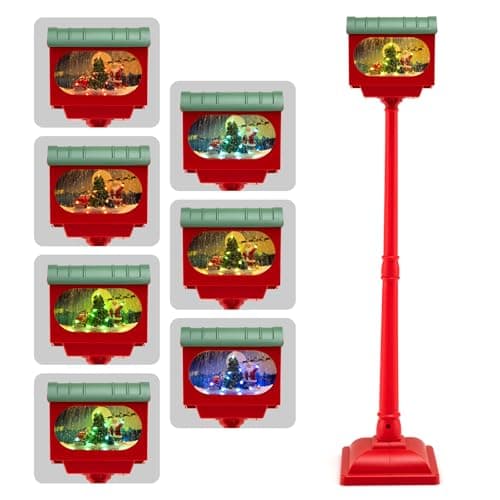 Image of COSTWAY Christmas Street Lamp, Musical Festive Lamp Post with LED Lights, Snowy Effects and Santa Scene, Snowing Santa Lamp for Home, Doorway and Porch (148cm, Mailbox Shaped, Red)