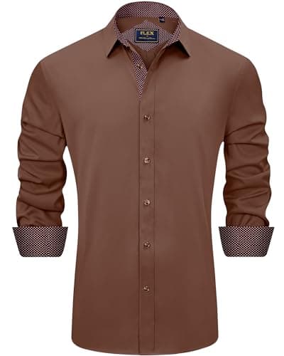 Image of J.VER Mens Shirts Long Sleeve Dress Formal Stretch Non Iron Smart Casual Regular Fit Button Down Wedding Work Shirt Brown 2XL