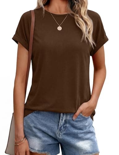 Image of Leversic Casual Women Tops Plain Short Sleeve T-Shirt Crew Neck Regular Fit Summer Tunic Basic Tee (Brown,L)