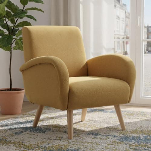 Image of Ya-Home Modern Tub Chair Chenille Fabric Leisure Armchair with Wooden Legs, Upholstered Occasional Accent Chair for Living Room/Bedroom, Yellow