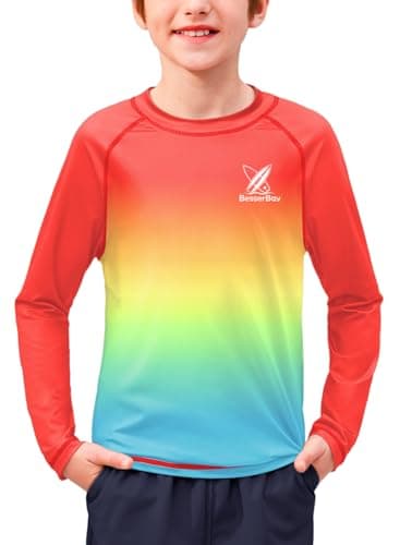 Image of BesserBay Little Boys Long Sleeve Rash Vest UPF 50+ Swimming Shirt Quick Dry Swim Top Ombre Neon 7-8 Years