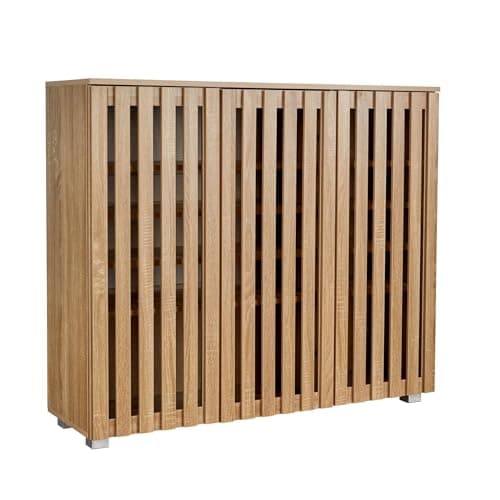 Image of Home Source 3 Door Wooden Shoe Storage Cabinet Rack Stand, Slatted Cupboard, Oak Effect