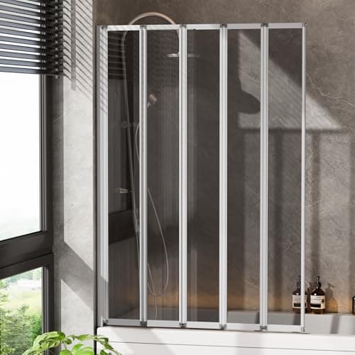 Image of INMOZATA Shower Screen, 5 Panel Folding Bath Shower Screen, Over Bath Shower Screens Tempered Grey Glass Panel Shower Screens(1200 * 1400mm,Metallic Silver & grey)