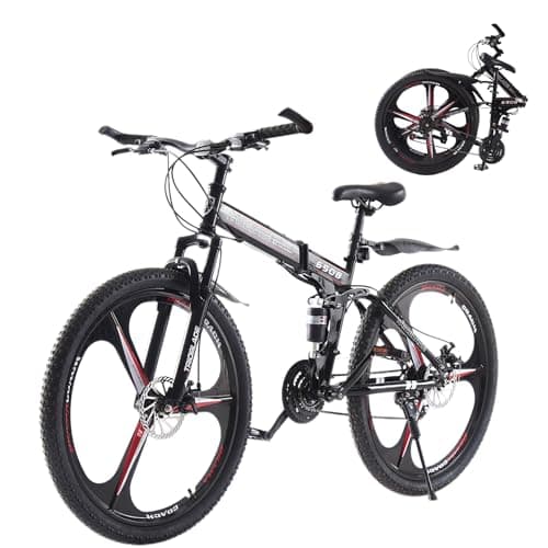Image of LSBIKE 24 26 27.5In Foldable Mountain Bike Dual Suspension Hardtail Bicycle Men Women Mountain Bike 21 Speed Drivetrain Lightweight Frame Sport Cycling Bike for Adult (Black Red, 27.5inch)