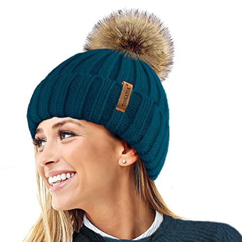 Image of TOSKATOK®Womens Warm Winter Hat Woolly Knitted Beanie with Detachable Chunky Faux Fur Bobble Pom Pom-Teal
