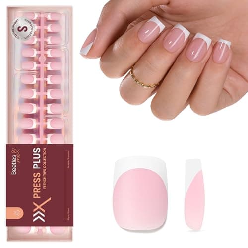 Image of Beetles French Tip Press On Nails: 150 Pcs Pink Short Square Press On Nails 4 in 1 Nail Tips, Pre-Applied Primer & Base Coat, No File Need DIY Manicure for Nail Extension Gifts for Women