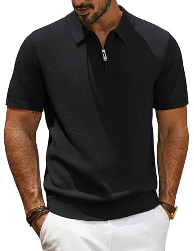Image of PJ PAUL JONES Mens Polo Shirts Short Sleeve Quarter Zip Knitted T Shirt Golf Polo Black XL