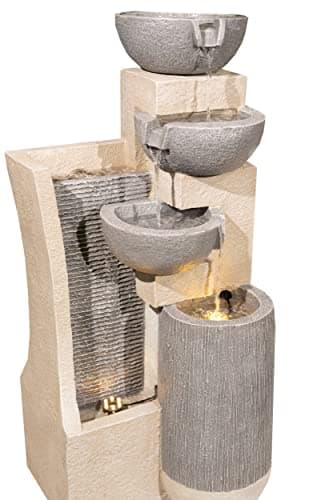 Image of Serenity Garden Cascading Four Bowl and Wall Water Feature, Outdoor Self Contained Cascade Tipping Bowls Water Fountain with LED Lights, Freestanding Ornament Patio Decor, 75cm