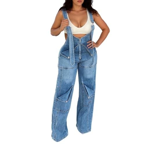 Image of Generisch Women Casual Wide Leg High Waist Jumpsuit Comfortable Fit Stylish Denim Jumpsuit for Daily Wear, blue, XXL
