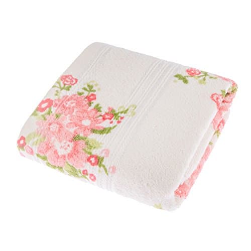 Image of HOMESCAPES 100% Portuguese Cotton Cream Hand Towel Pink, Coral and Green Floral Pattern