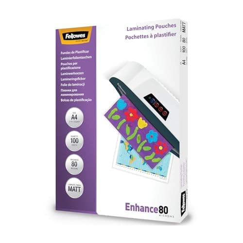 Image of Fellowes Laminating Pouches A4, Matt Finish, 100 Sheets, 160 Micron (2 x 80 Micron) Clear & Durable Laminating Pouch with Image Last Directional Quality Mark - Ideal for Photos and Notices