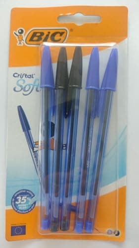 Image of Bic Ballpoint Pens, Cristal Soft Pack, 5 Count, 3 Blue 2 Black