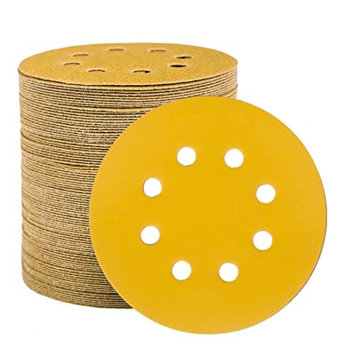 Image of STEBRUAM 100pcs 125mm sanding discs, Sanding Discs Pads for Random Orbital Sander pads and All Oscillating Tools, yellow sanding discs 125mm Hook and Loop 320 Grit 8 Hole 5 Inch Round
