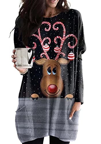 Image of YMING Ladies Long Sleeve Pullover Christmas Sweatshirt Crewneck Sweatshirts Elk Blk Grey M