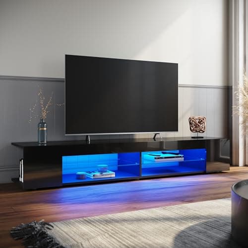 Image of ELEGANT TV Stand Cabinet Unit with 16 RGB LED Lights, High Gloss Modern Black TV Stand with Open Glass Storage Shelves and 2 Rear Storage Compartments for Living Room, Bedroom 1800x390x300mm