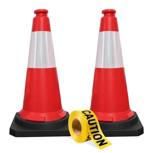 Image of Berry 75CM Traffic Cones with 2” x 50 meter Caution Tape | High Visibility Safety Cone with Reflective and PVC Black Base, 30 Inch PE Portable Road Cones for Street (Set of 2)