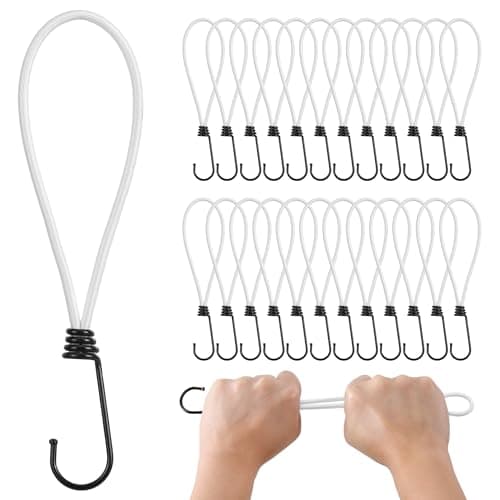Image of PRETEX Bungee Cords with Hooks - Set of 25pcs x 23cm (9") Universal Cord Straps and Fixings - Heavy Duty Bungees Perfect for Camping, Luggage & Tarpaulin - White Cord, Black Hook