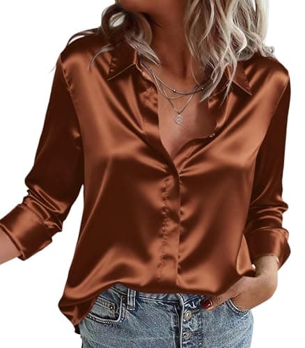 Image of Zeagoo Womens Blouse Satin Shirt V Neck Long Sleeve Casual Solid Shirts Button Down Blouses Business Office Work Tops T Shirts Brown XL