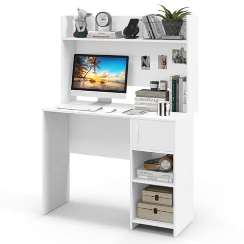 Image of COSTWAY Computer Desk, Modern Writing Workstation PC Laptop Table with Hutch, Storage Bookshelf, Cabinet and Cable Management Holes, Home Office Work Study Desk (White)