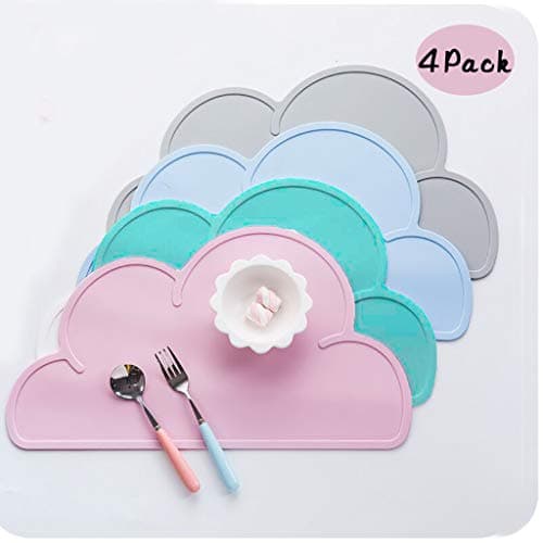Image of Coriver 4 PCS Placemats, Food Grade Silicone Cloud Shaped Non-Slip Foldable Portable Table Food Tray Heat Resistant Tableware Placemat Plate (Pink+Blue+Green+Grey)