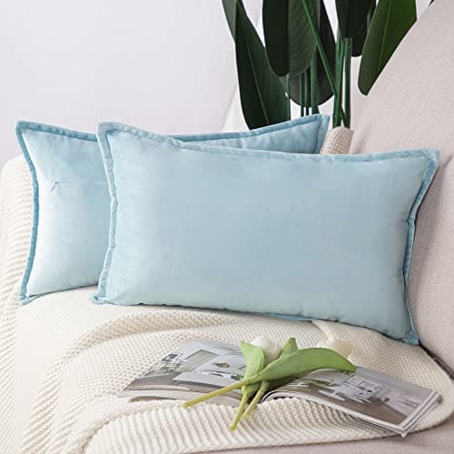 Image of Madizz Pack of 2 Super Soft Velvet Decorative Cushion Covers with Fringe Luxury Style Cushion Case Pillow Shell for Sofa Bedroom Light Blue 12x20 inch, 30x50 cm Rectangular