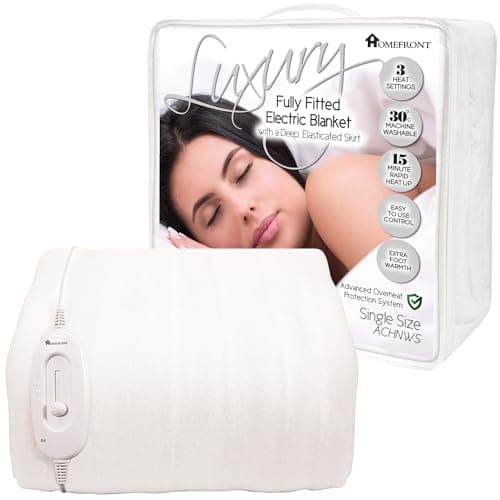 Image of Homefront Electric Blanket Single Bed Size 200 x 107 x 40cm, Fitted Heated Mattress Cover Underblanket, Elasticated Skirt, Fast Heat Up, Machine Washable, Safe for All Night Use