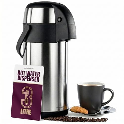 Image of Andrew James Thermal Coffee Carafe, 3L Airpot, Double Walled Insulation, Stainless Steel Pump Action Hot Water Dispenser, Insulated Tea & Coffee Flask, 360° Rotating Base, Carry Handle & Safety Lock