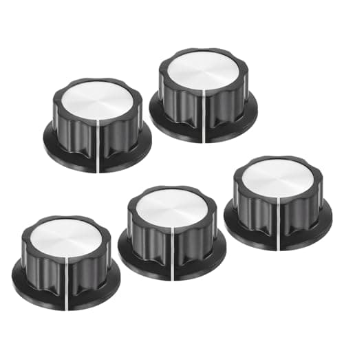 Image of sourcing map Potentiometer Knobs Aluminium Alloy 45x20.5mm 6mm Hole Volume Control Knob Cap for Guitar Bass,Volume Control,Mechanical Switch, Appliances,Audio with 5pcs Set Screw Black 5PCS