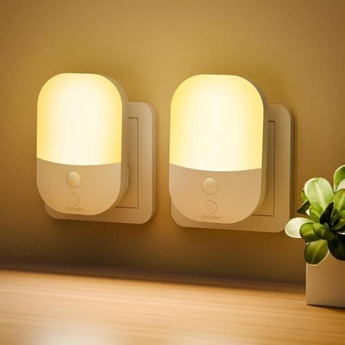 Image of 2 Pack Plug in Night Light with Dusk to Dawn Photocell Sensor, 5 Adjustable Brightness Levels, ON/Off/AUTO Modes, 3000K Warm White LED Night Light for Baby, Hallways, Stairs, Bedrooms, Kitchens, 0.3W