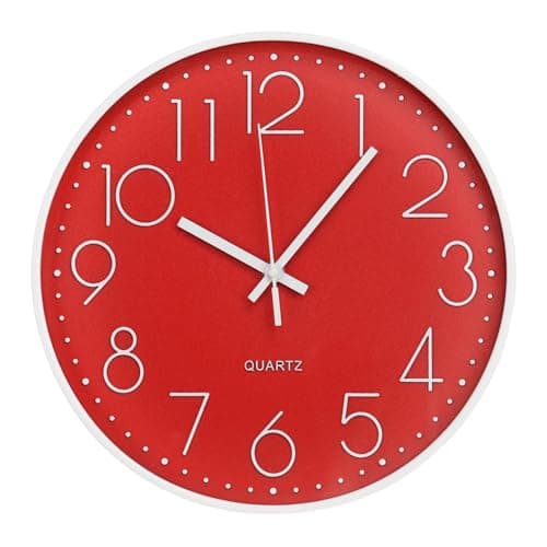 Image of bakbrand Wall Clock 10 Inch Non-Ticking Silent Modern Simple Style Round Decor Clock Red Stereoscopic Dial Quartz Wall Clocks for Home/Office/School/Living Room/Bedroom/Kitchen