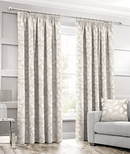 Image of HBS Ltd Luxury Jacquard Floral Pattern Curtain Pair Window Treatment Fully Lined Pencil Pleat (Cream, 46" Width x 72" Drop)