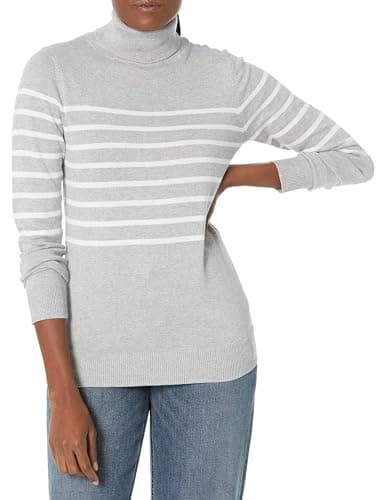 Image of Amazon Essentials Women's Classic-Fit Lightweight Roll Neck Long-Sleeve Jumper (Available in Plus Size), Light Grey Heather White Placed Stripe, M