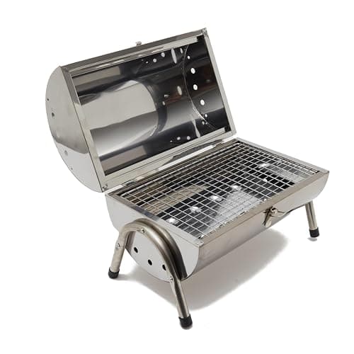 Image of Hi-Gear Stainless Steel Double Sided BBQ with Twin Sided Grill Function, Lightweight, Compact, Foldable, Portable Oil Drum Barbecue, Ideal for Camping, Festivals & Picnics, with Carry Handle, Silver