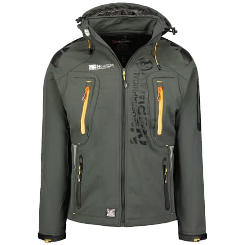Image of Geographical Norway Techno Men - Men's Waterproof Softshell Hooded Jacket - Comfortable Outdoor Jacket Tactical Windbreaker - Hiking Skiing Autumn Winter Spring (Dark grey-orange L)