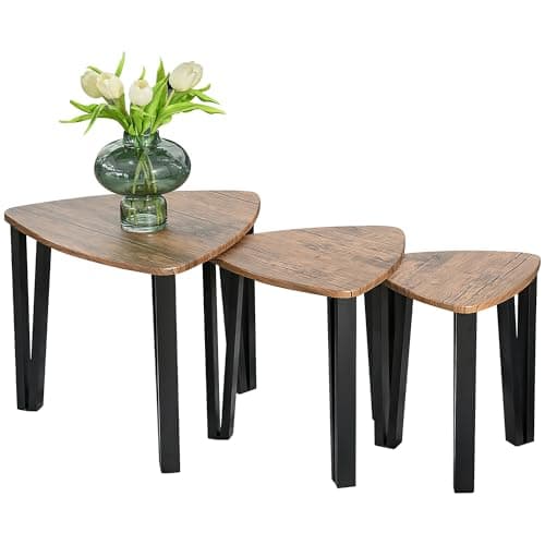 Image of HOMCOM 3 PCs MDF Steel Nesting Table Coffee Table Set Multifunctional End Side Table Living Room Furniture Walnut Wood Grain
