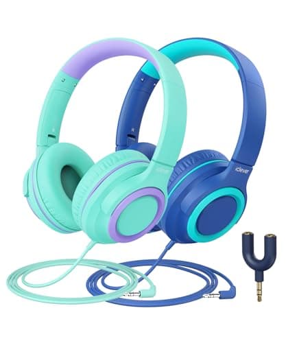 Image of iClever 2 Pack Kids headphones for Girls Boys 85dBA Safe Volume Limited - Wired Headphones with Sharing Splitter, Tangle-Free Foldable Stereo Headphones for School/Tablet/Travel