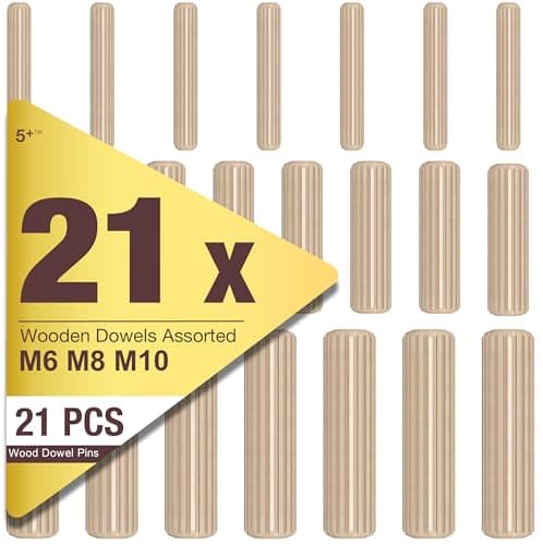 Image of 5Plus 21 Pcs Assorted Wooden Dowels – M6, M8, M10 Hard Wood Grooved Fluted Pins for Furniture, Woodworking, and Craft Projects (6mm, 8mm, 10mm)