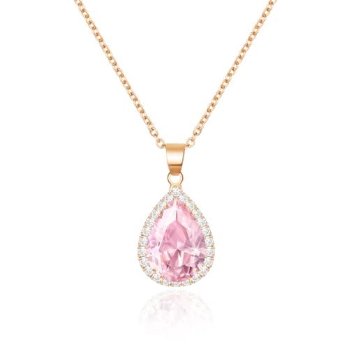 Image of Linawe Pink Crystal Necklace, Rose Gold Chain Imitation Diamond Pendant Cubic Zirconia Birthstone Rhinestone Teardrop Necklace, Preppy Bridal Wedding Bride Boho Jewellery