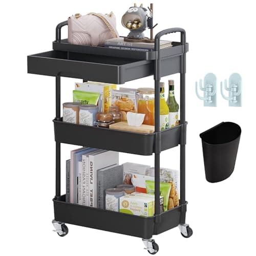 Image of Wuciray Beauty Trolley on Wheels 3 Tier Storage Trolley with Drawer Plastic Beauty Trolleys Rolling Utility Cart for Home Kitchen Bathroom Laundry Office Black Storage Trolleys on Wheels Utility Cart
