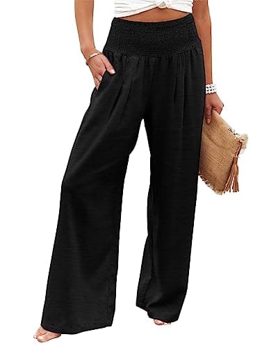 Image of KISSMODA Elastic Waist Palazzo Pants for Women Long Wide Legged Lounge Trousers Chic Casual Beach Pants A-Black