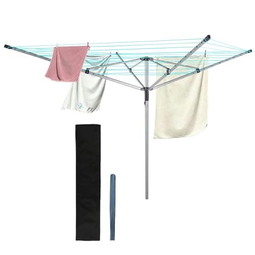 Image of BARGAINS-GALORE 50m Rotary 4 Arm Folding Clothes Airer - Garden Laundry Washing Line Dryer with Ground Spike & Cover | Heavy Duty Lines Spinning Drying Rack - Indoor & Outdoor